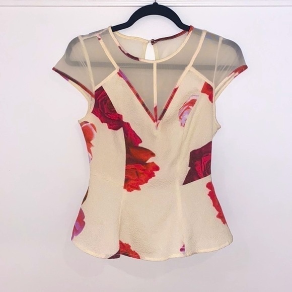Guess floral peplum blouse cape sleeves rose print mesh V neck Size XS - Picture 1 of 10
